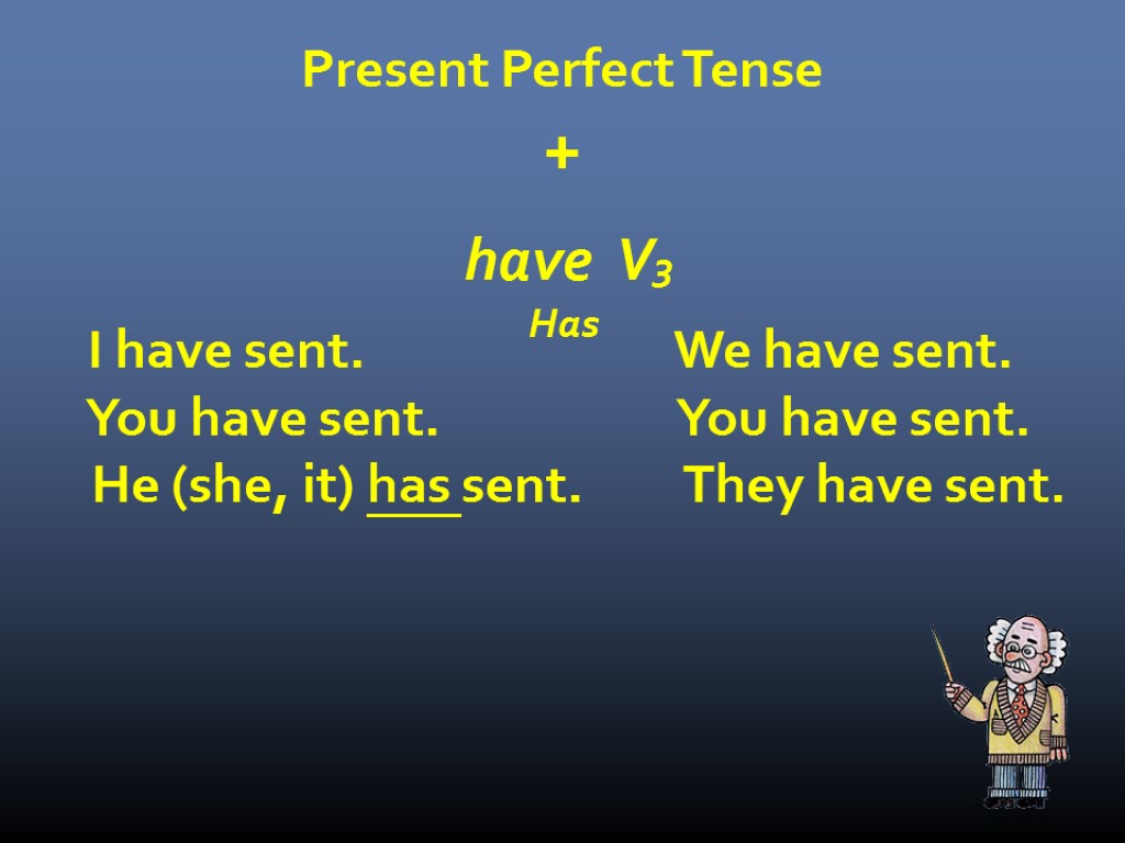 Present Perfect Tense + have V3 Has I have sent. We have sent. You